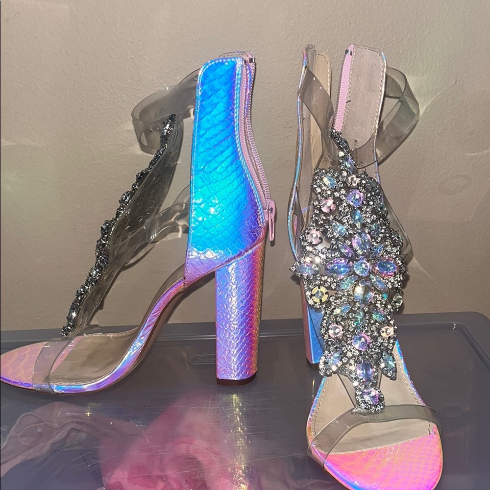 Silver and White Stiletto Heels with Crystal Embellishments